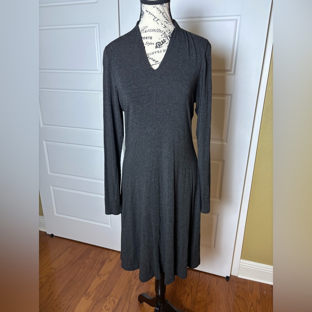 Eileen Fisher Long Sleeve V-Neck Dress in Charcoal Gray Size Small Petite